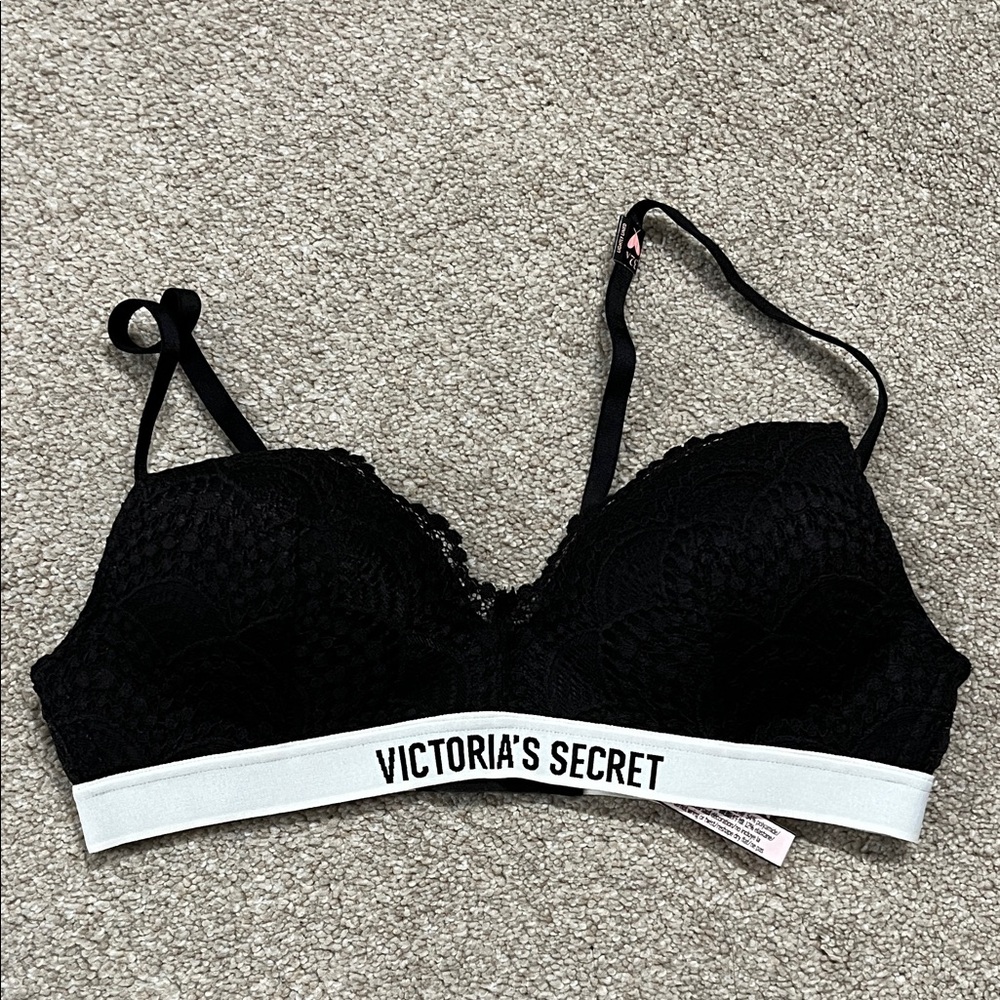 Victoria's Secret Black Lace Bralette with White Logo Band